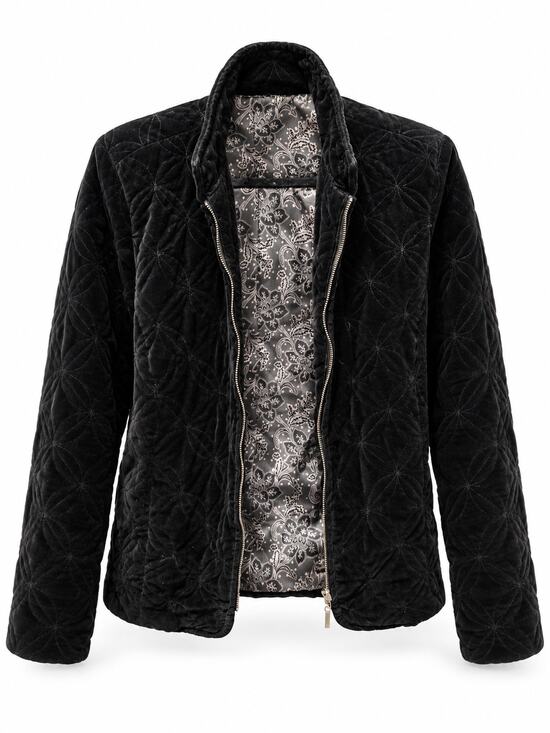 Estudio Jackets & Blazers - Black Velvet Quilted Jacket Sz L Fits M Floral Stitch Full Zip Satin Lined
